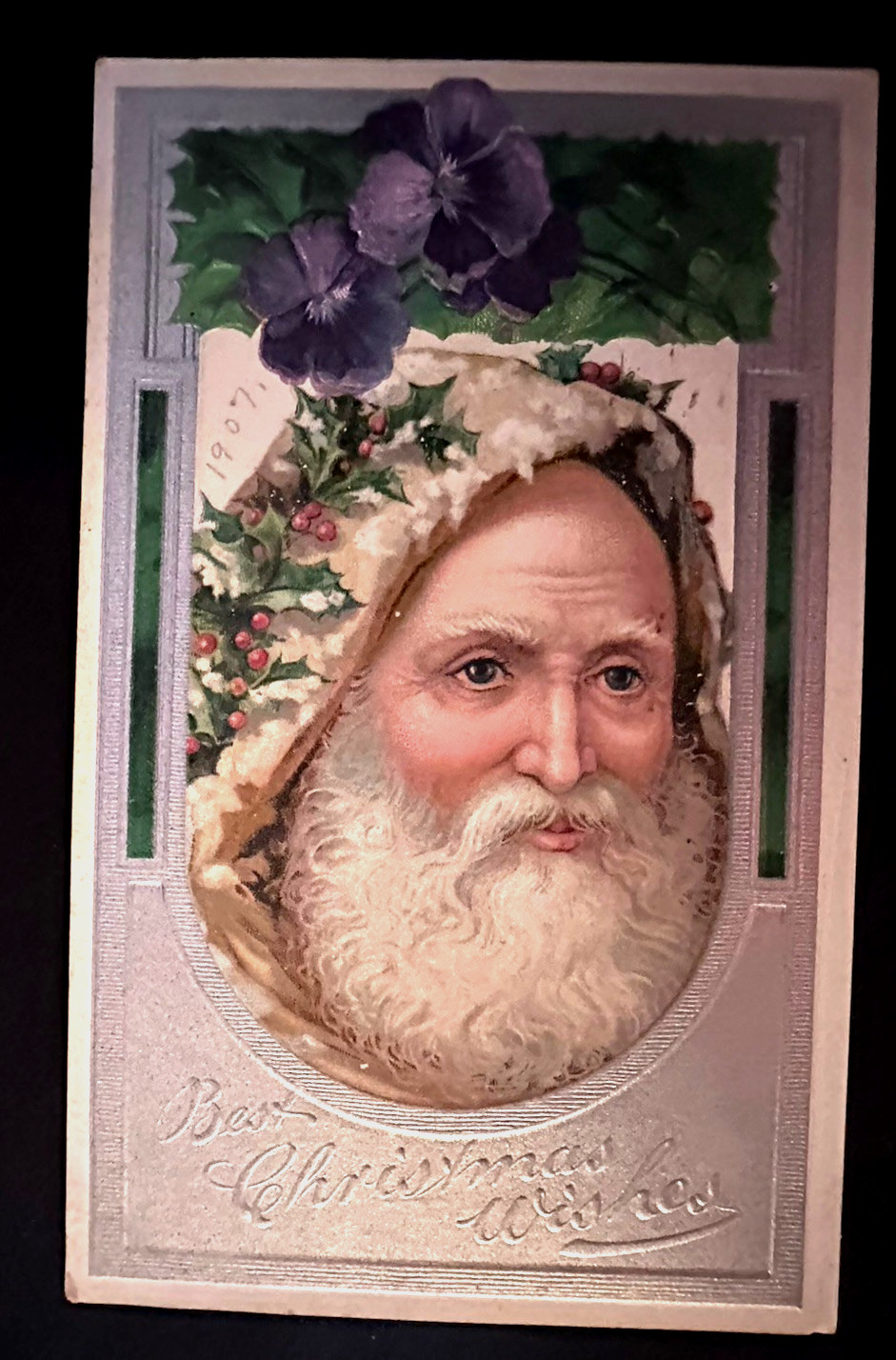 White Hood~Full Face~SANTA Claus~Crown of Holly~Silver Christmas Postcard~r407 White Hood~Full Face~SANTA Claus~Crown of Holly~Silver Christmas Postcard~r407