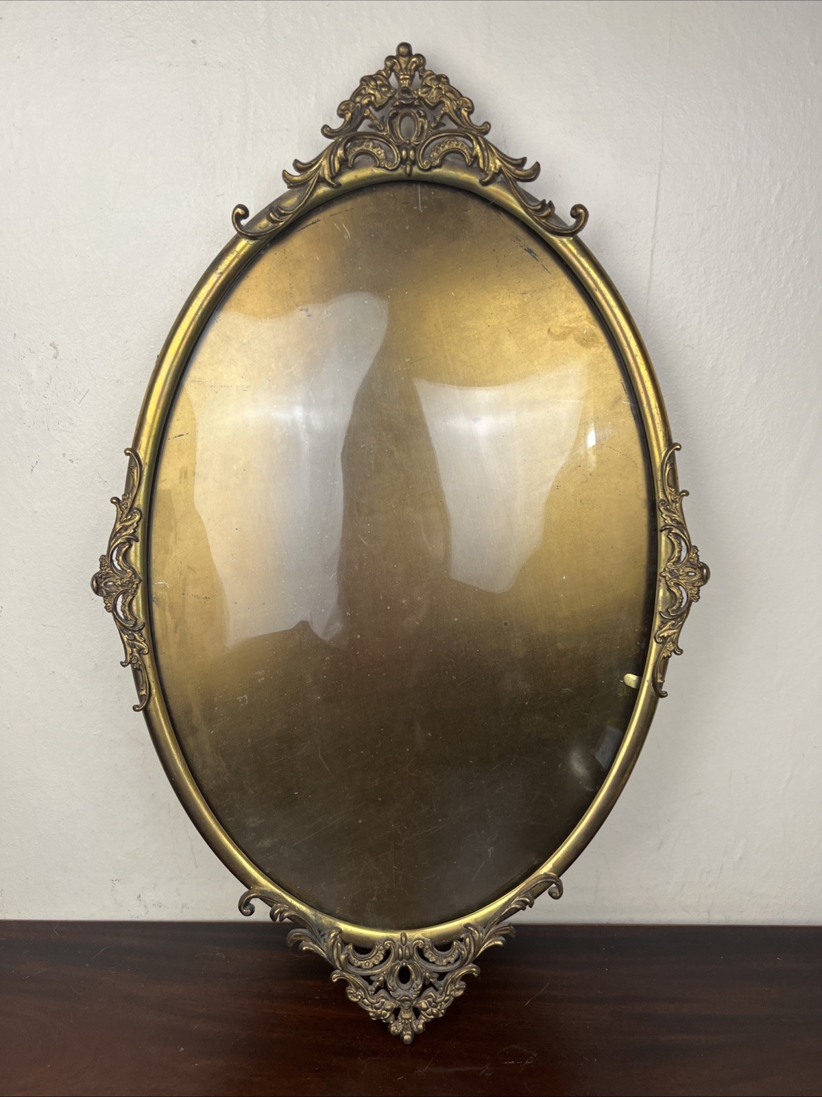 Antique Victorian Convex Bubble Glass Frame Oval Gold Tone Dark Academia 24 1/8