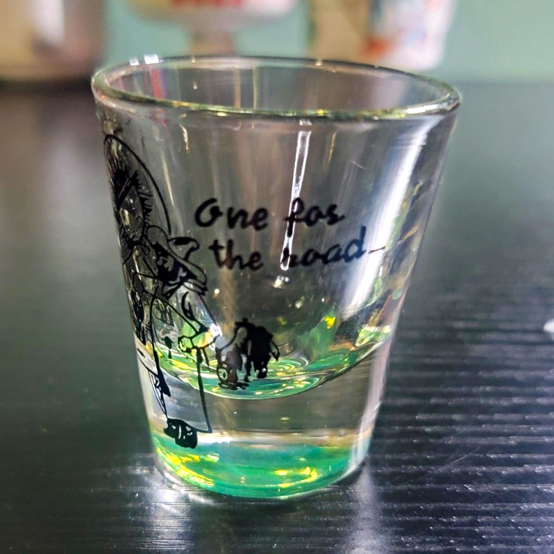 Vintage One for the road Green Tinted Glass Shot Glass/Jigger Novelty Barware
