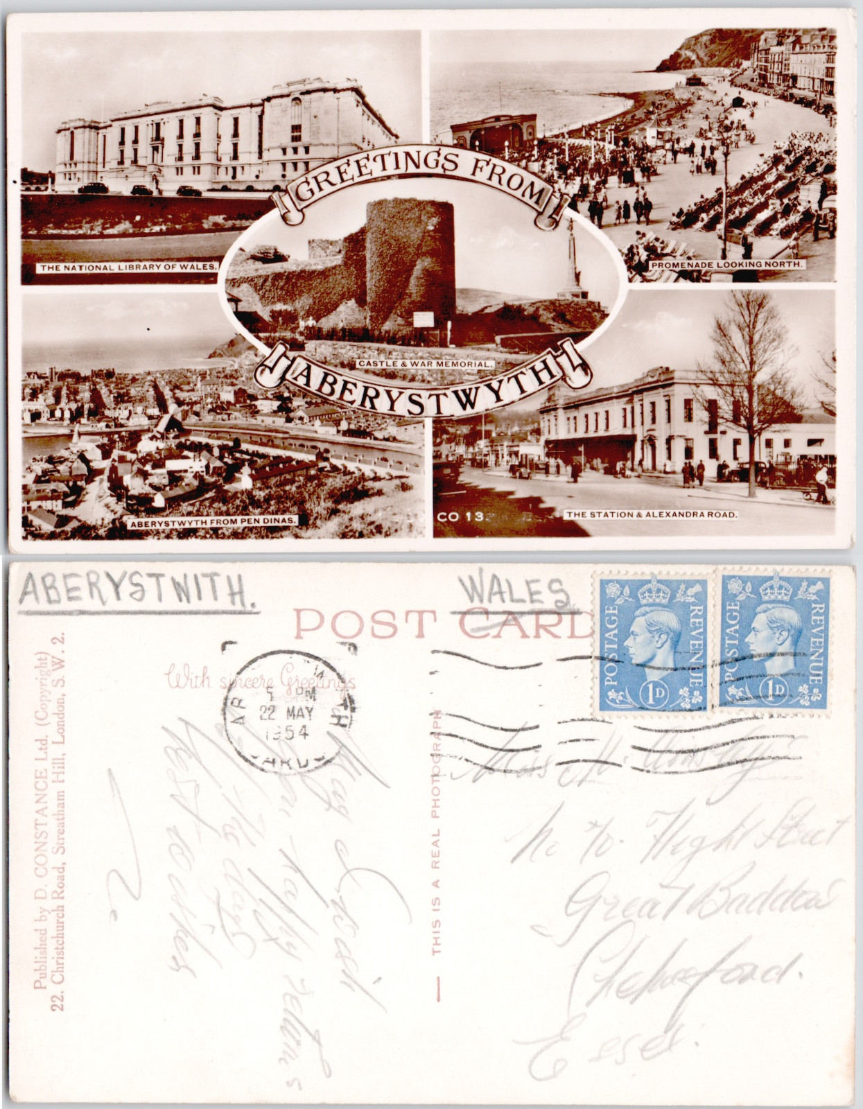 UK Wales Aberystwyth 1950 Promenade Castle War Memorial Station RPPC Postcard