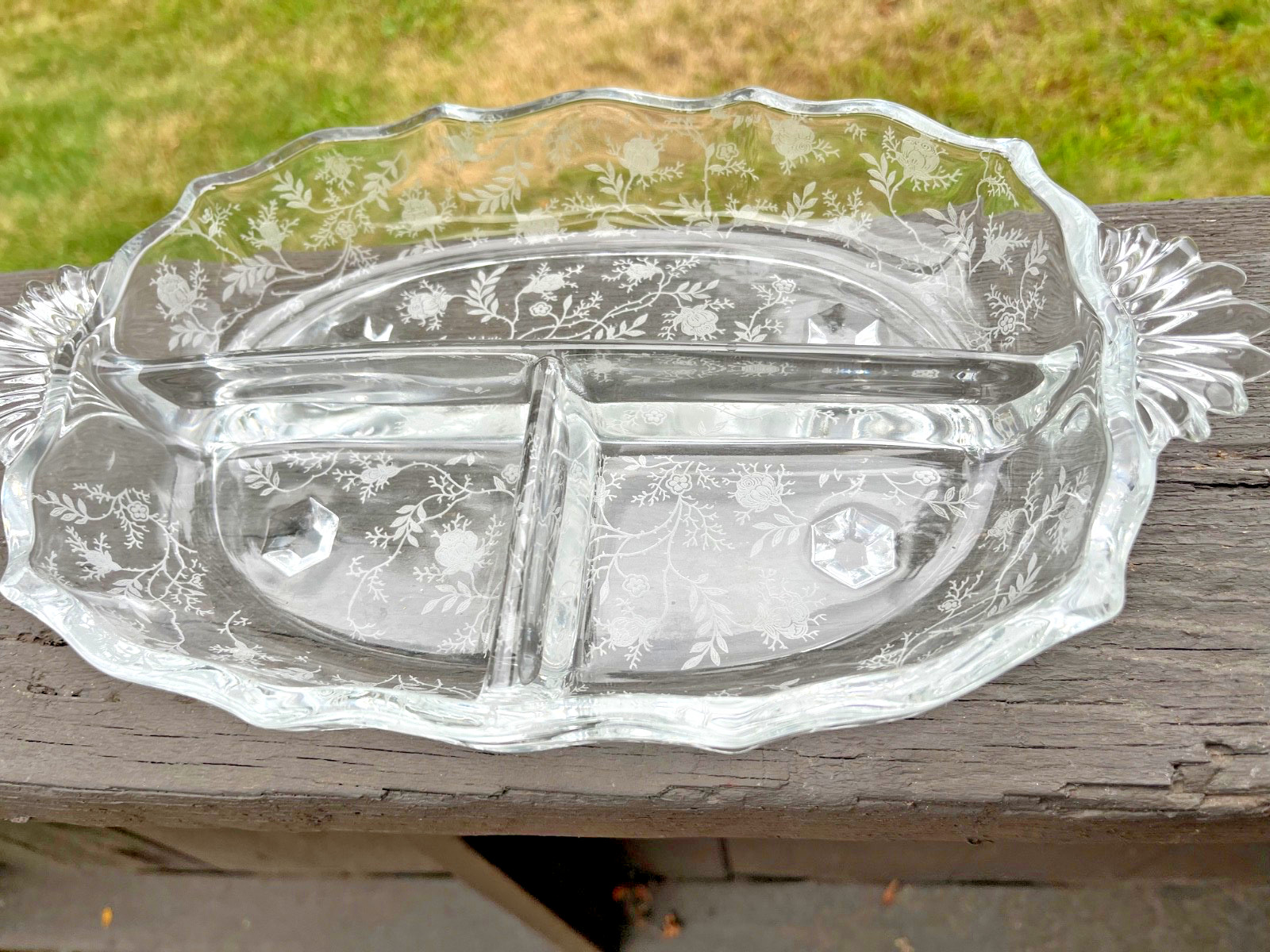 Vintage HEISEY  3 Part Footed Rose Oval Divided  Glass Relish Dish