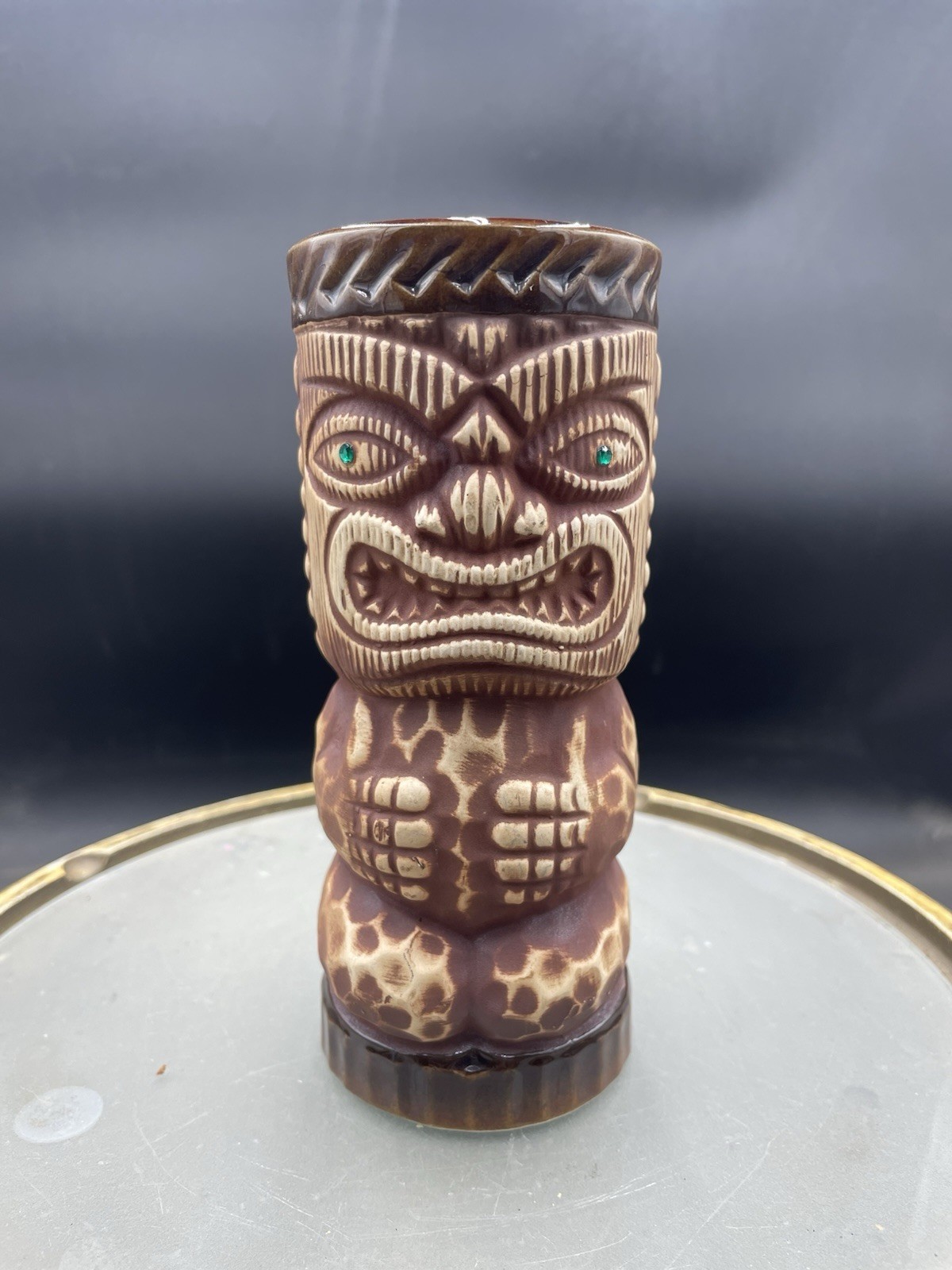 Vintage Orchids of Hawaii Tiki Mug Vase Japan Emerald Green Eyes 6.5” VG