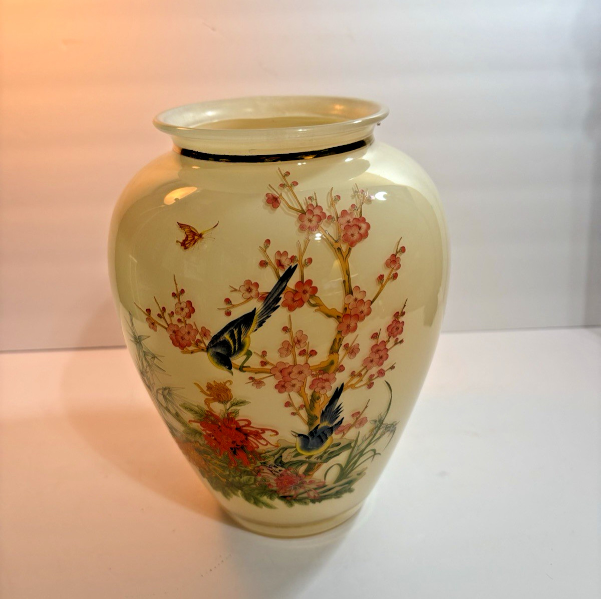 Vintage Anchor Hocking Attributes Glass Vase Birds Cherry Blossoms Gold Trim 10”