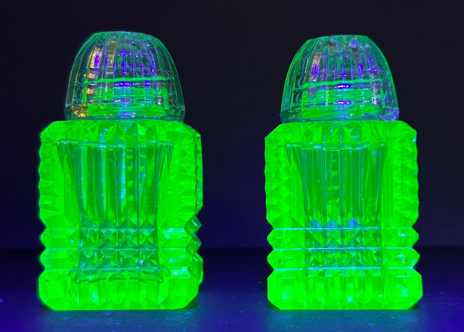 Vintage Czechoslovakia Miniature Uranium Cut Glass Salt & Pepper Shakers