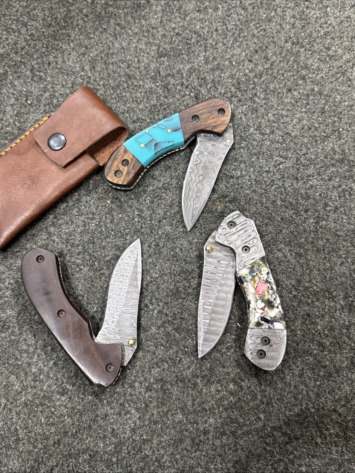 Custom Made Damascus folding knives  3 Pcs Lot With Sheaths