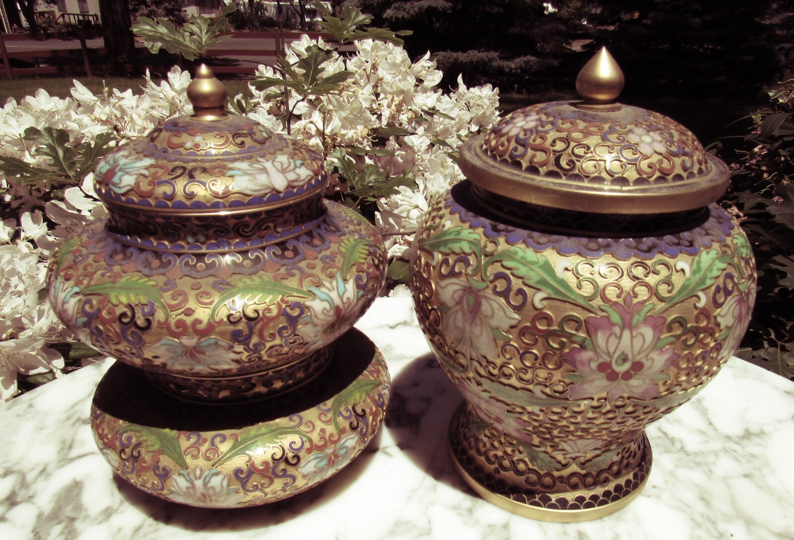 2 Vintage Chinese Cloisonne Champleve Enamel Ginger Jars Fine Workmanship