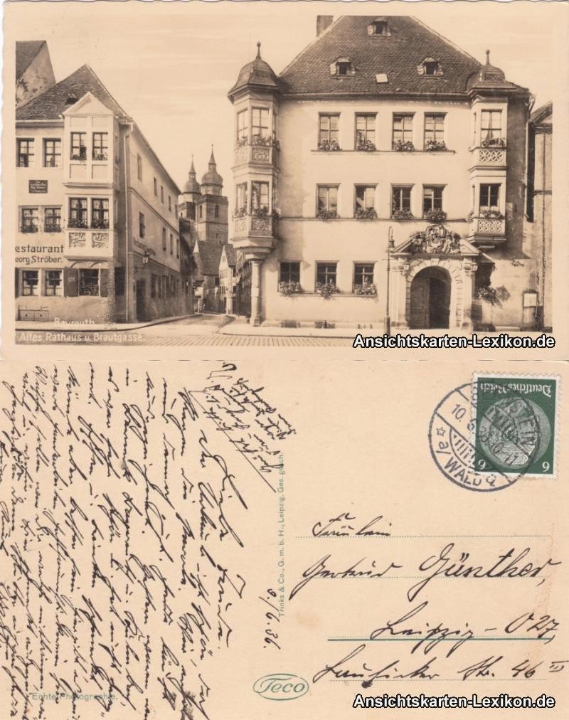 Postcard Bayreuth old town hall and bridal alley 1936