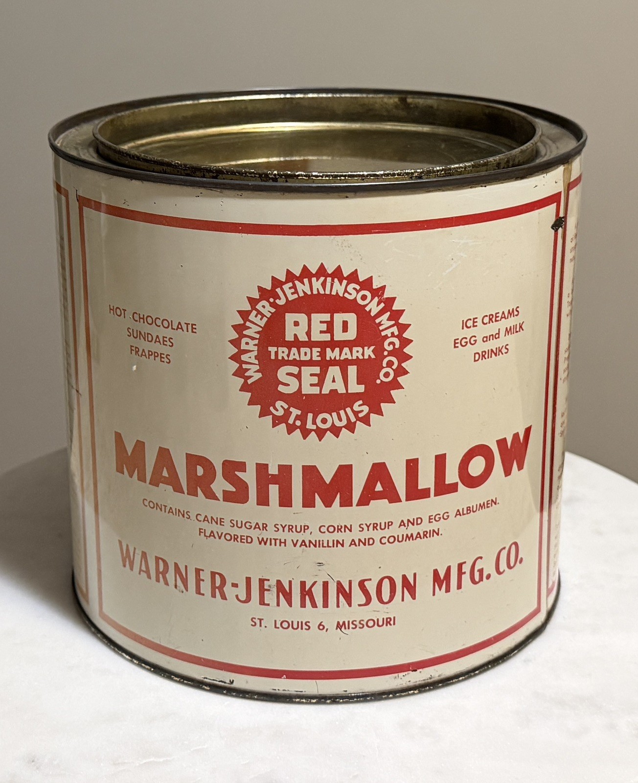 Vintage Red Seal Marshmallow Tin with Lid Warner Jenkinson Mfg Co. - 7-1/4” 4lb