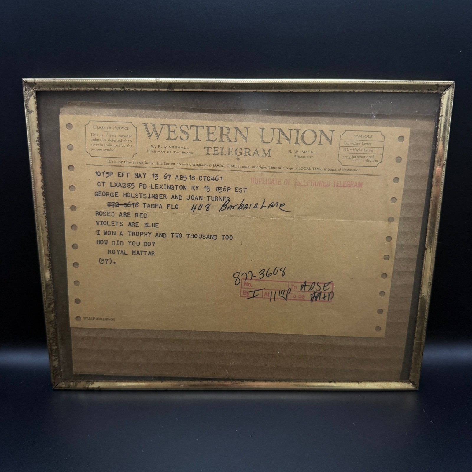 Vintage 1867 Western Union Telegram Framed Poem Roses Are Red Ephemera 10x8
