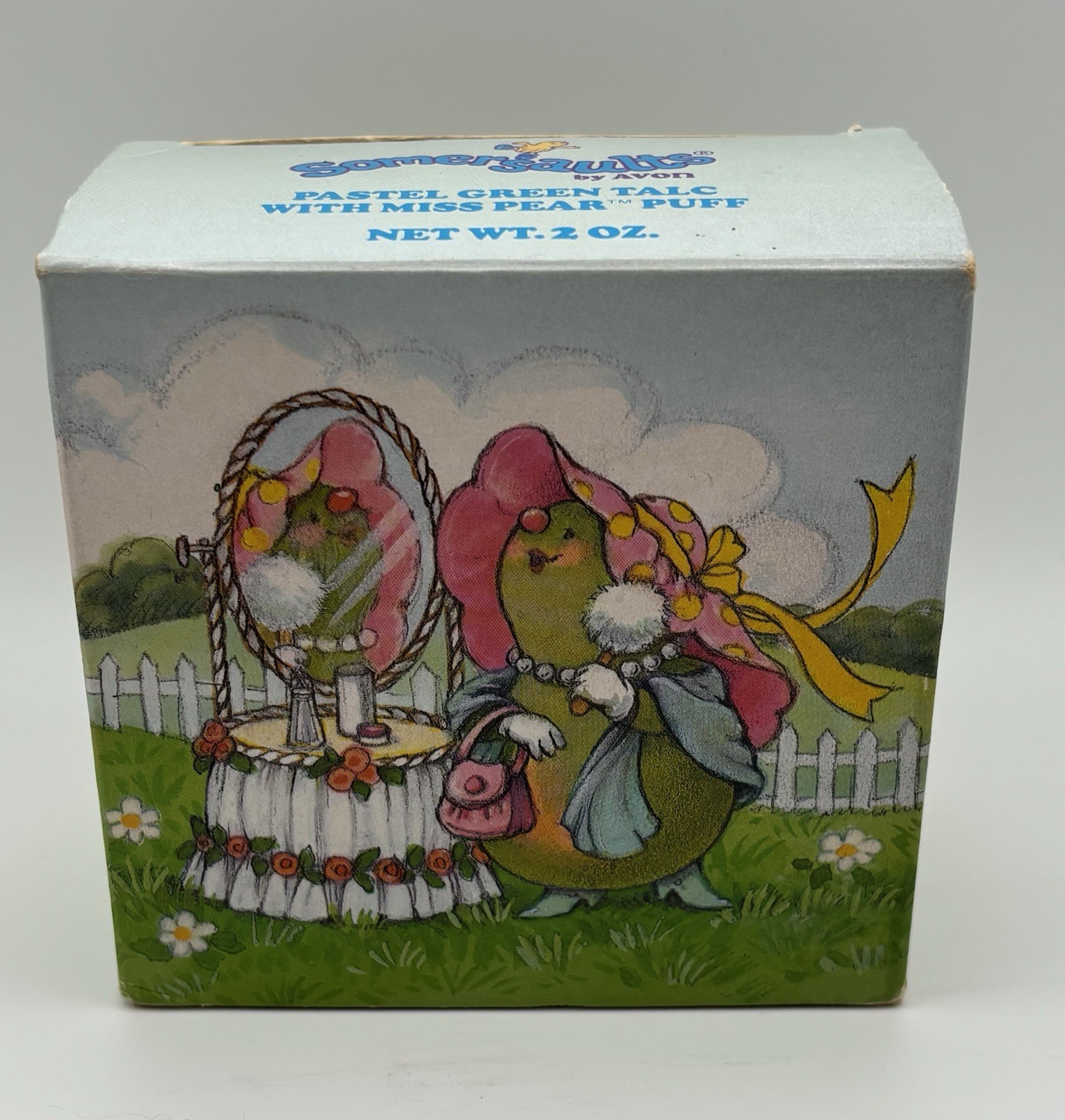 Vintage 1986 Avon NIB Somersaults Miss Pear Pastel Green Green Talc With Puff