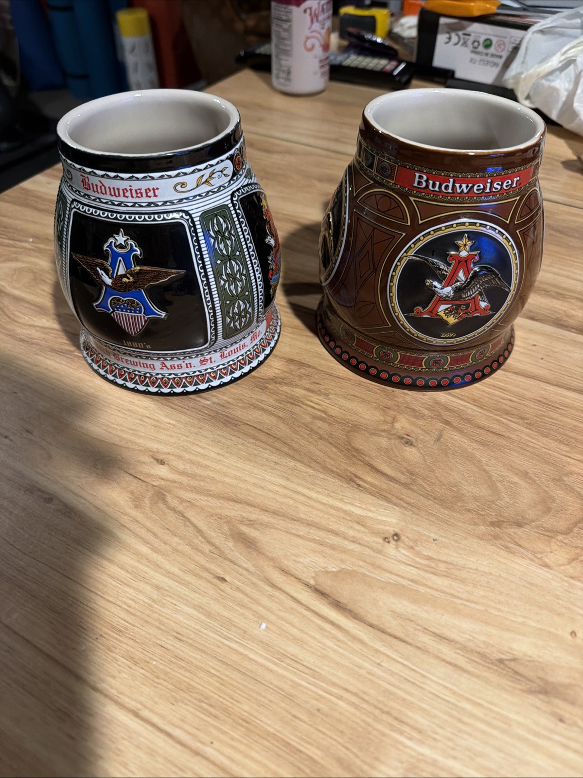 Pair Budweiser Historical Eagle Series Steins, 1872, 1930 Editions.