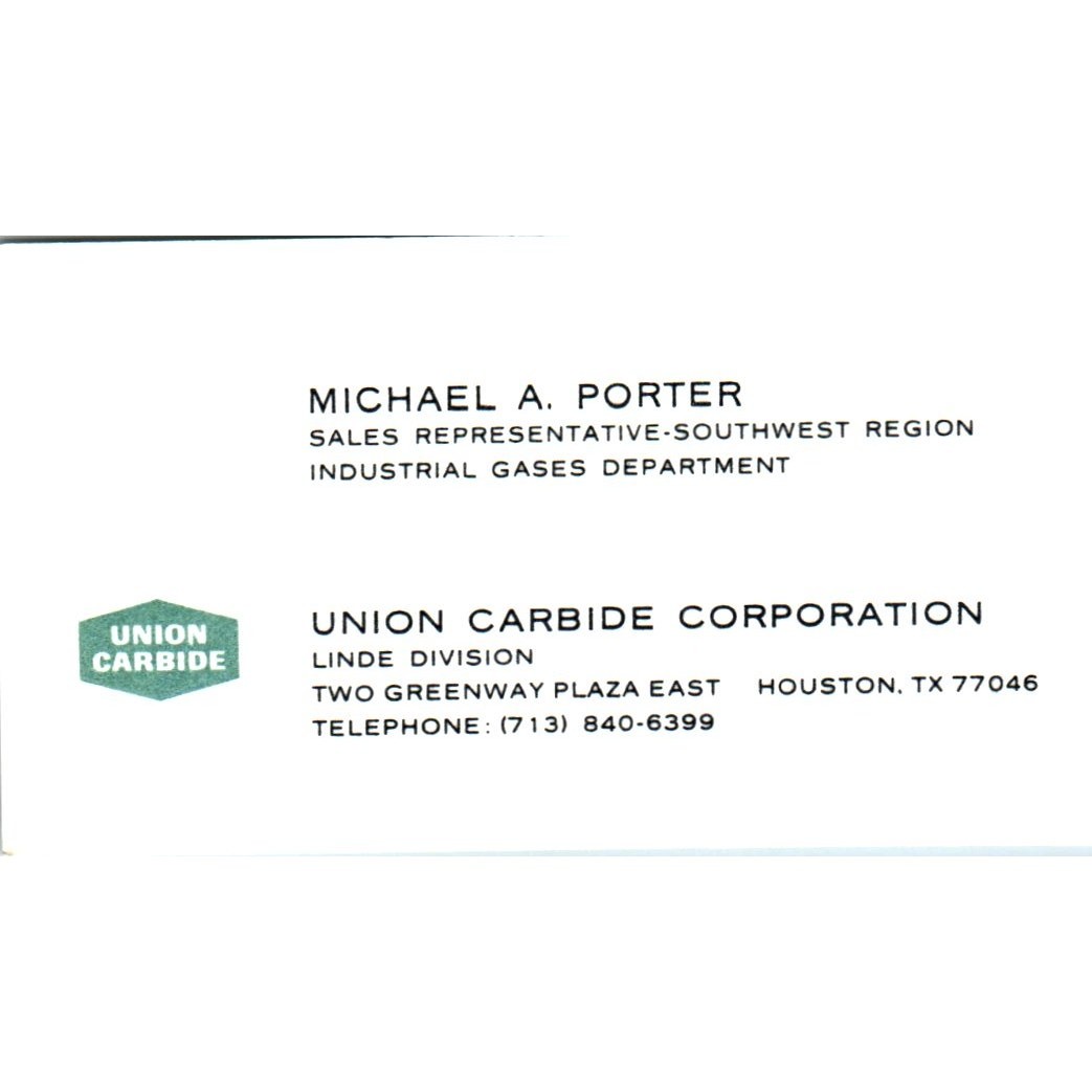 Michael A Porter Union Carbide Corp Houston TX Vintage Business Card SE3-B10