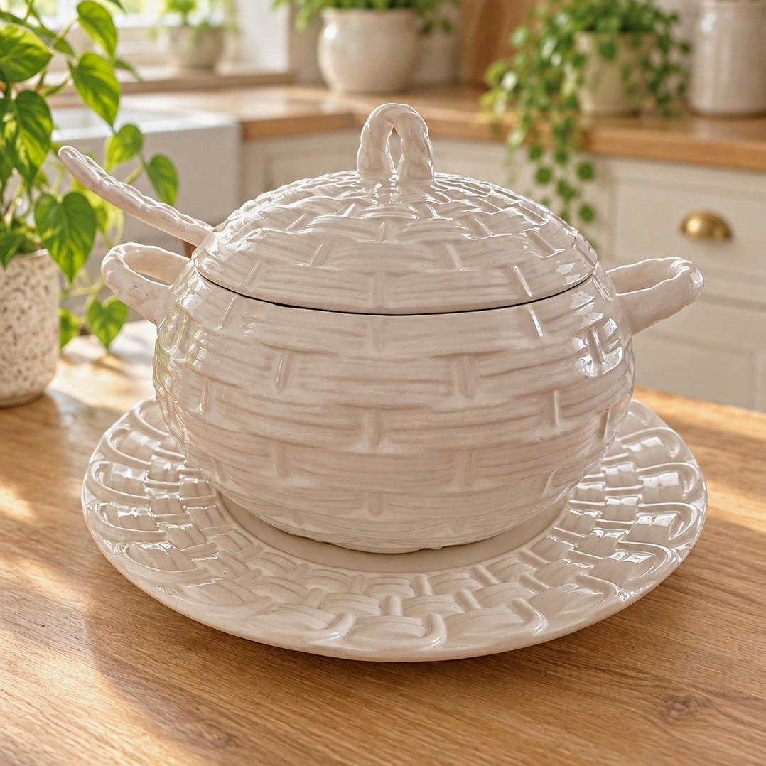 White Basketweave Soup Tureen, Platter & Ladle Set** ✨