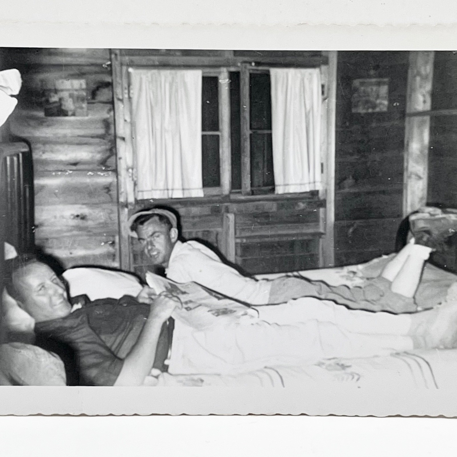 1950s Two Men Laying On Bed Together Big Smiles Fun Gay Interest Vintage Photo