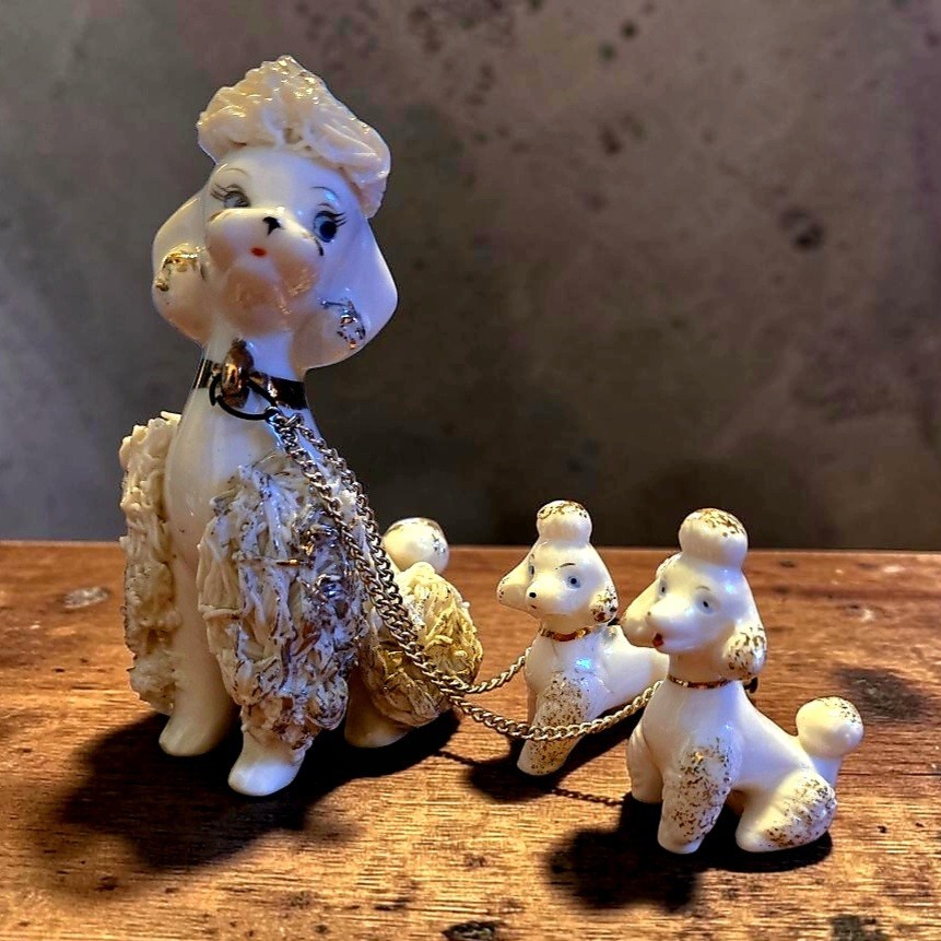 Vintage Lefton White Spaghetti Poodle Family Figurine Set Mom & 2 Pups C-5898