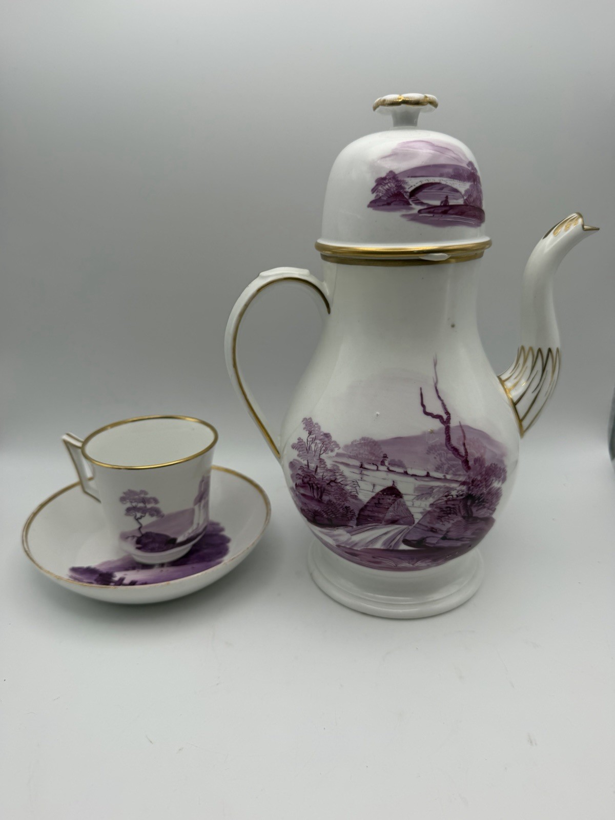 Antique Wedgwood John Cutts Pattern 701 Coffee Set Puce Landscape 1812-1822