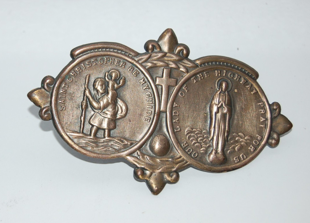 1940\'s Antique Solid Brass Saint Christopher & Our Lady Badge Clip