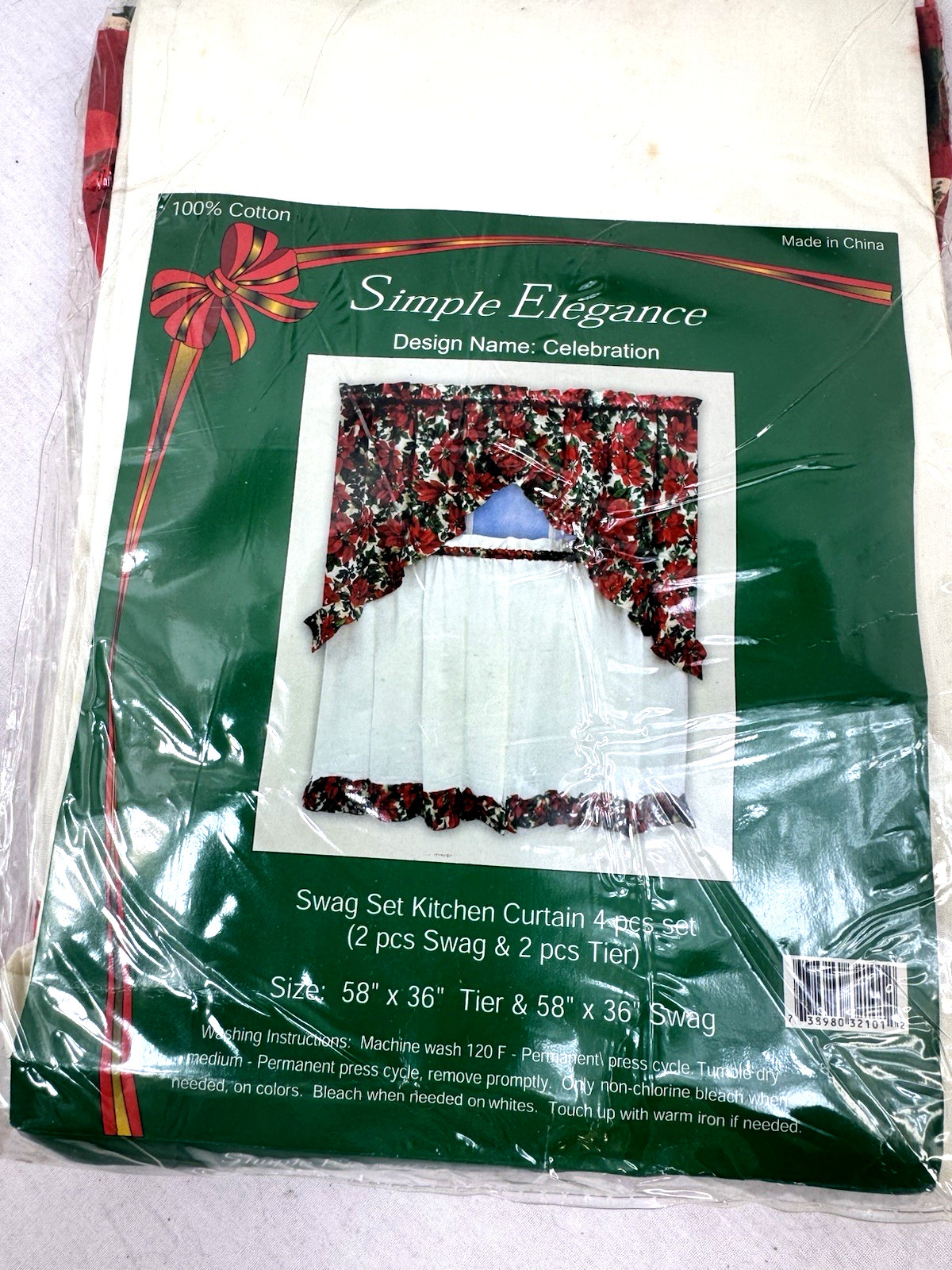 Vtg New Red Poinsettia Curtain Tier Valance Set 4 Pc Cotton 58\