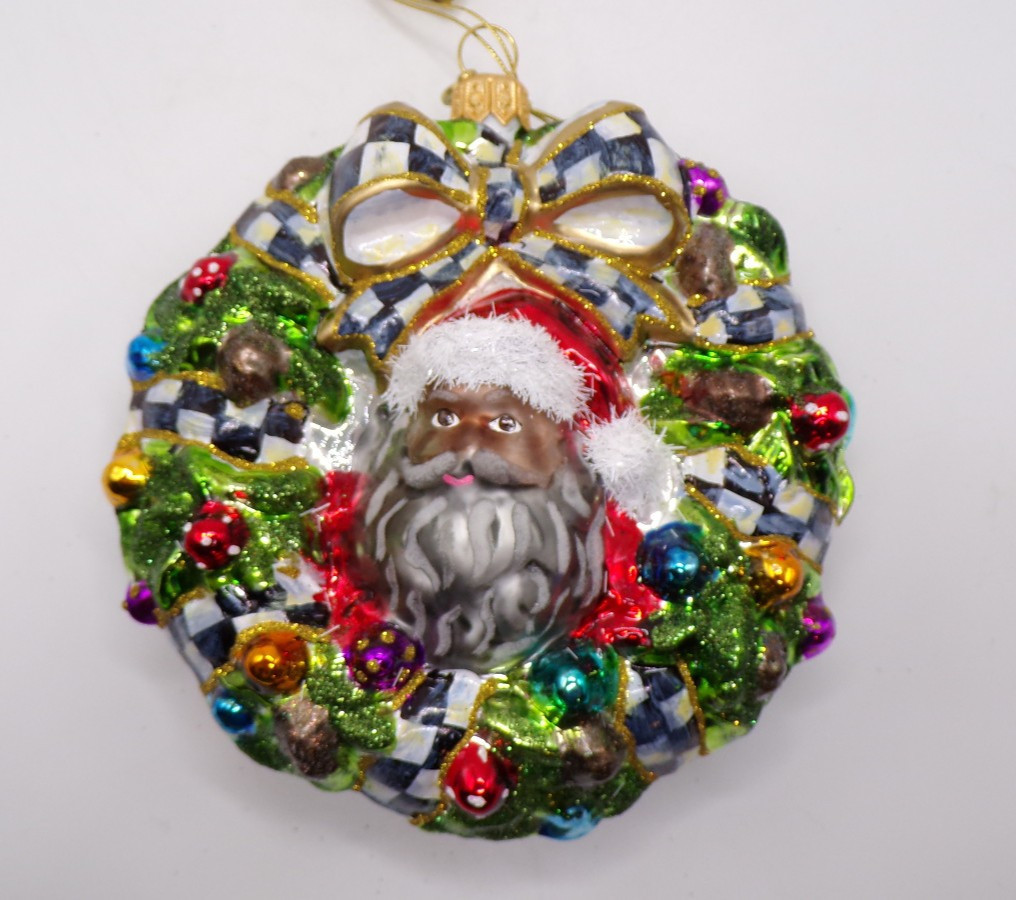 Mackenzie Childs Here Comes Black Santa Wreath Glass Ornament 2025 NWT