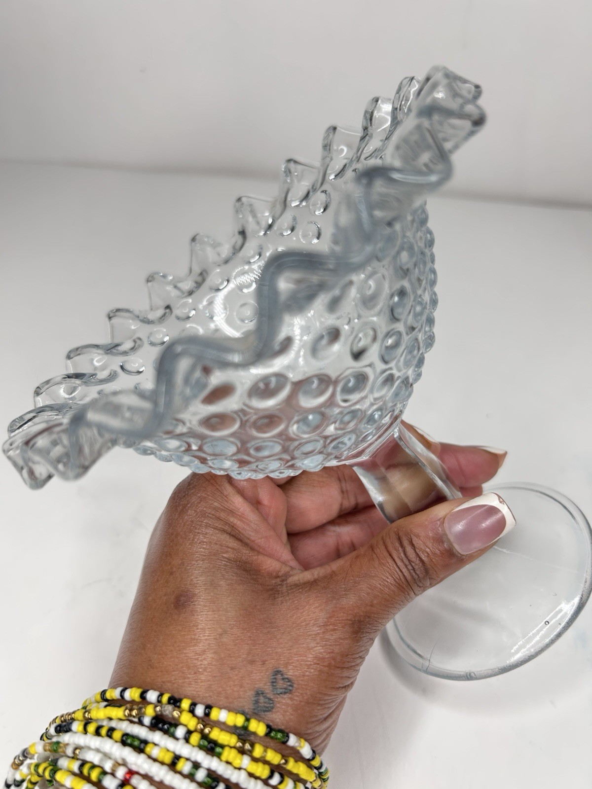 Vintage Clear Hobnail Pedestal Compote Dish Ruffled Edge Glass Candy Bowl