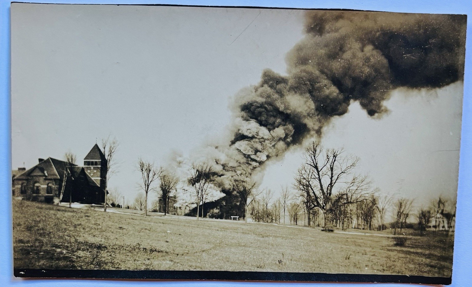 C. 1910 Building Fire at Mt. Hermon in Northfield, Mass. Real Photo Postcard