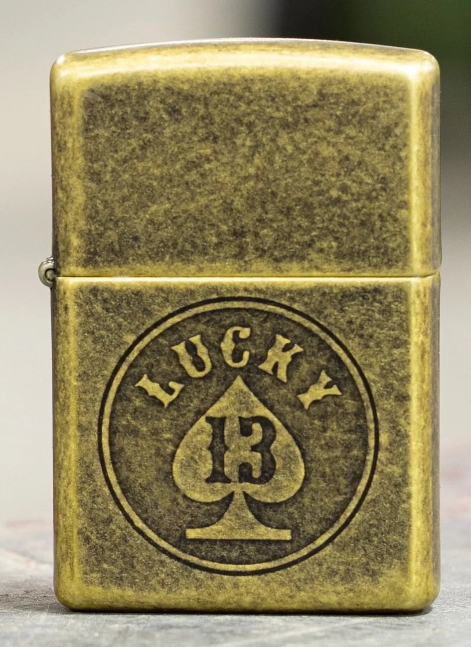 Zippo Antique Brass Lighter with Luck 13 Ace of Spades. 47148, New In Box