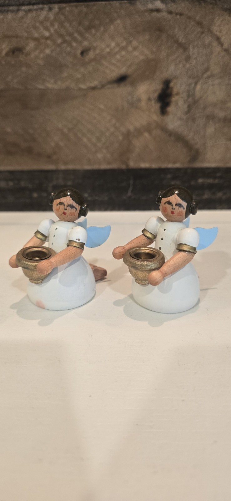 Vintage Erzgebirgische Germany Wooden Angel Candle Holders Set of 2 Erzgebirge