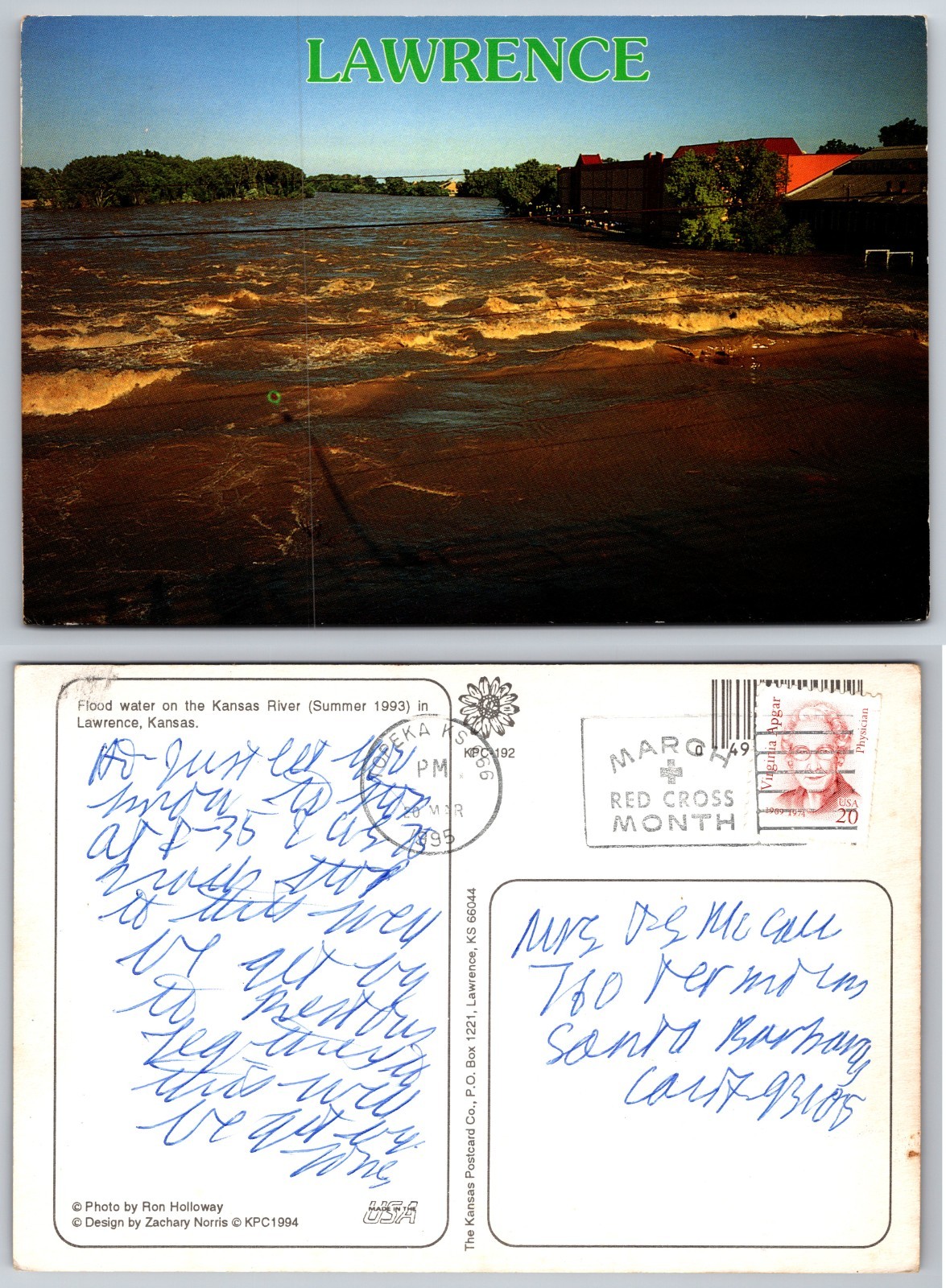 Continental Lawrence Kansas River Flood Postcard