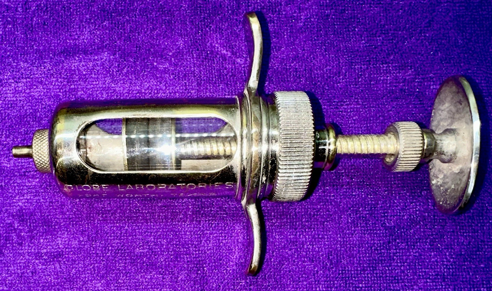 VINTAGE Chromed Brass & Glass 30cc Syringe GLOBE LABORATORIES FT. WORTH, NICE VINTAGE Chromed Brass & Glass 30cc Syringe GLOBE LABORATORIES FT. WORTH, NICE