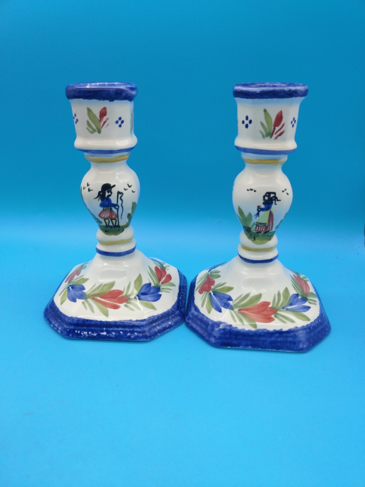 Pair Of Vintage Henriot Quimper Porcelain Candlestick Holders - France - 5.75”