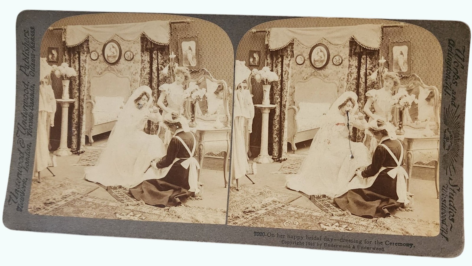 Antique 1901 Underwood Stereoview Card Bride Dressing For Wedding Ceremony