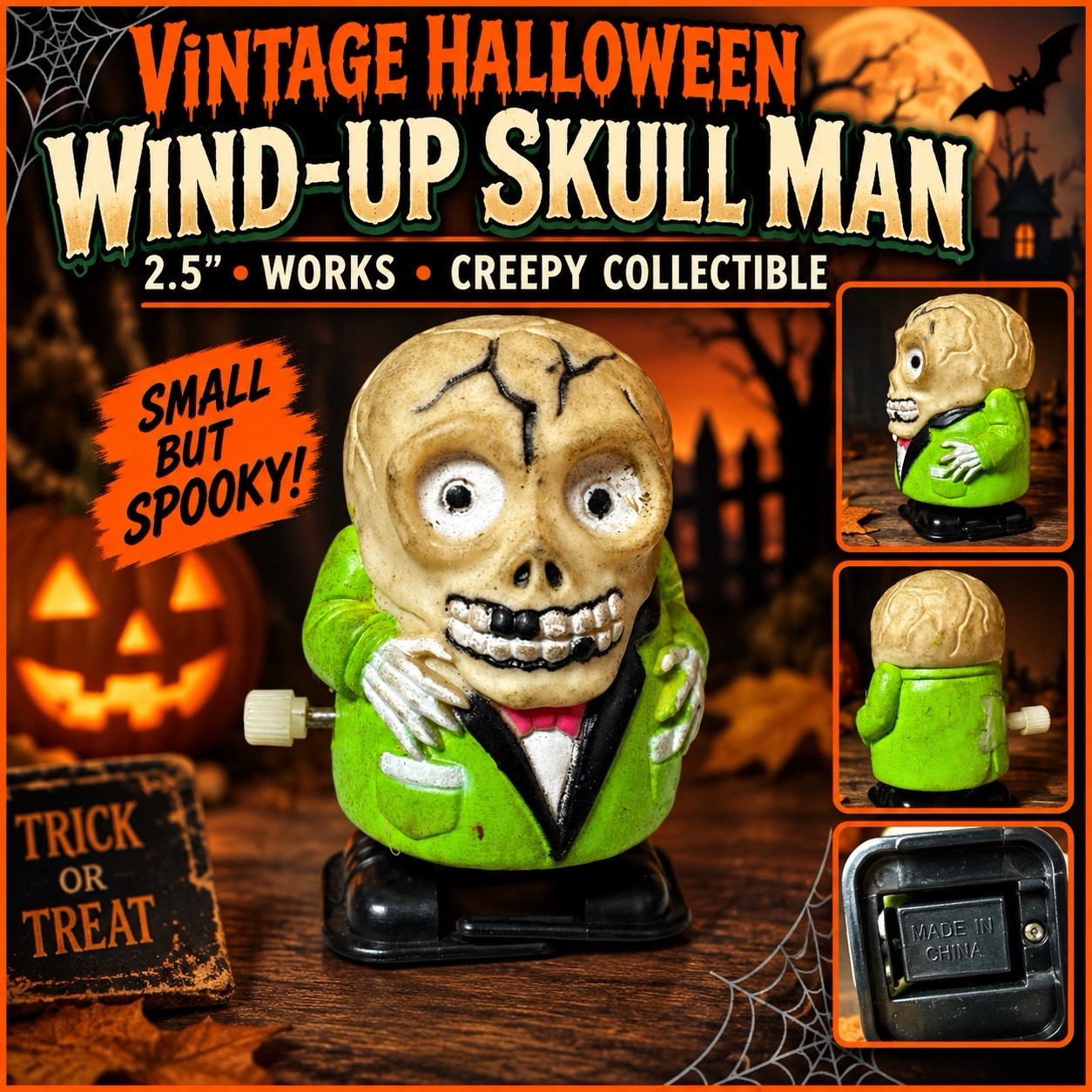 VTG Halloween Wind-Up Skull Man Toy 2.5” Creepy Green Suit Works Collectible