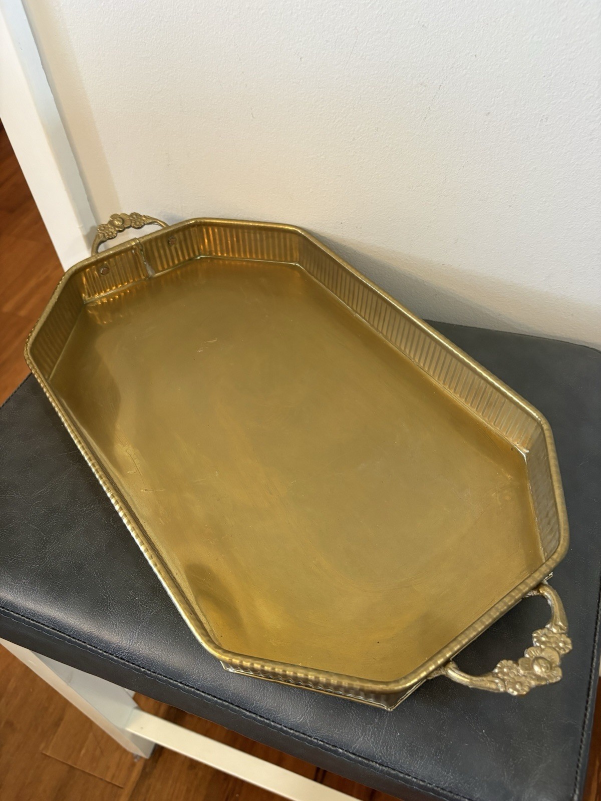 Vtg MCM Hollywood Regency Brass Octagon Lg Serving Tray Ornate Handles Fluted