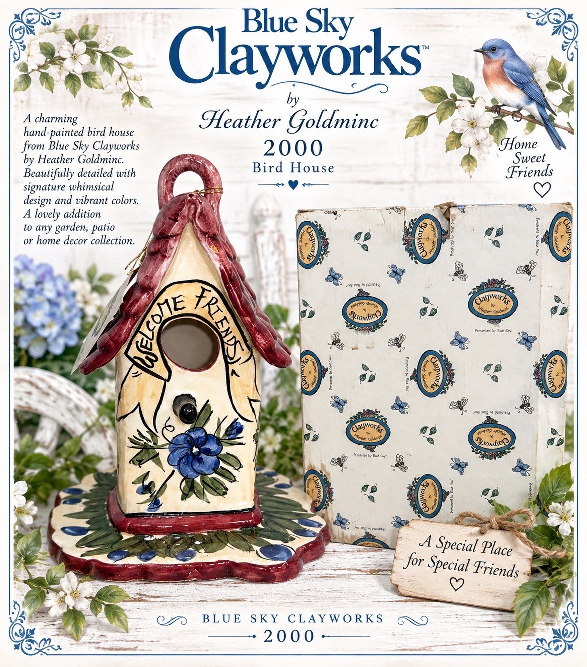 2000 Blue Sky Clayworks Bird House Floral Cottage Garden 9” Tall NEW 2000 Blue Sky Clayworks Bird House Floral Cottage Garden 9” Tall NEW