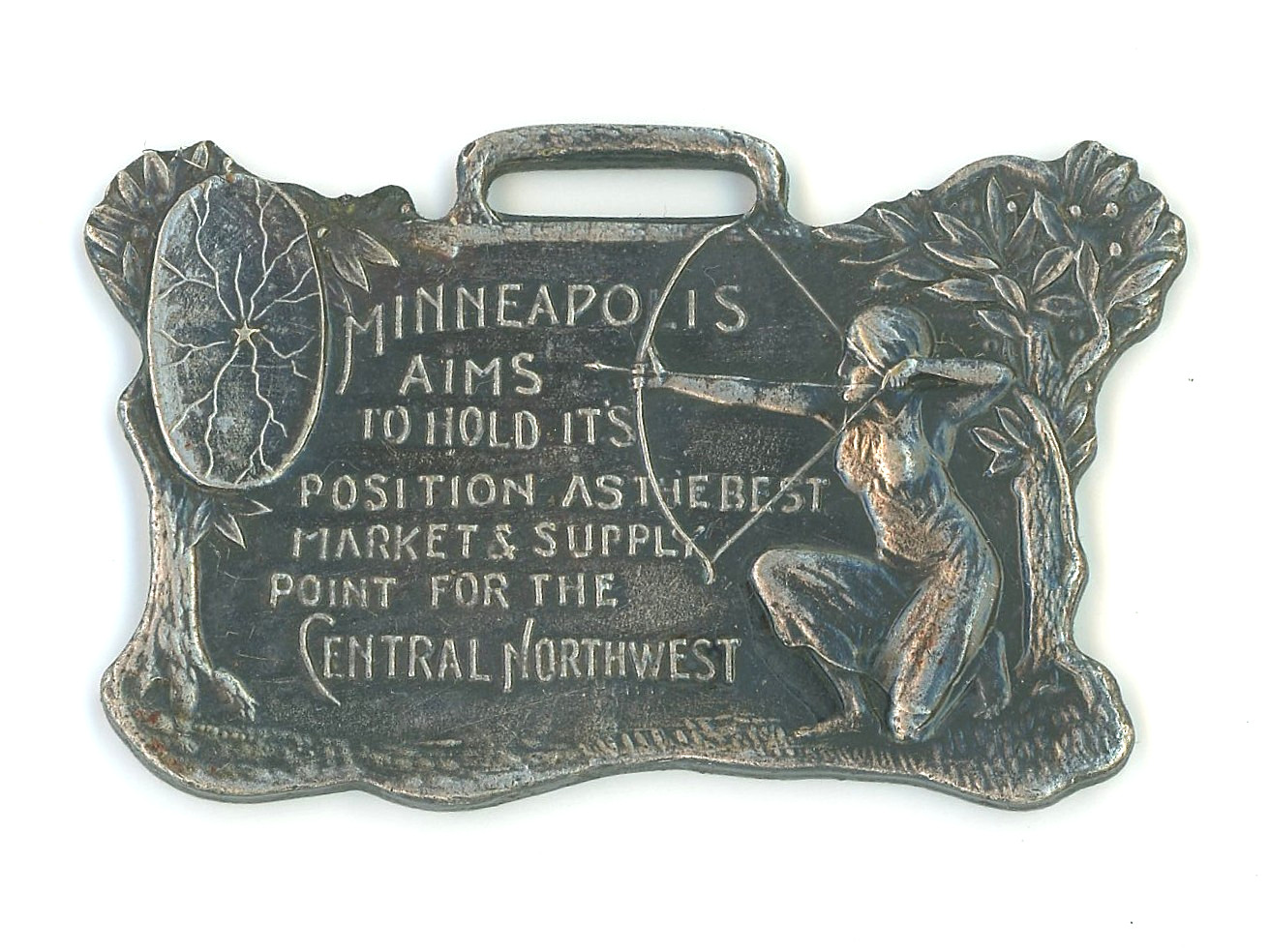 * AWESOME * Antique Adv. Watch Fob - MINNEAPOLIS PROMOTION - Female Archer
