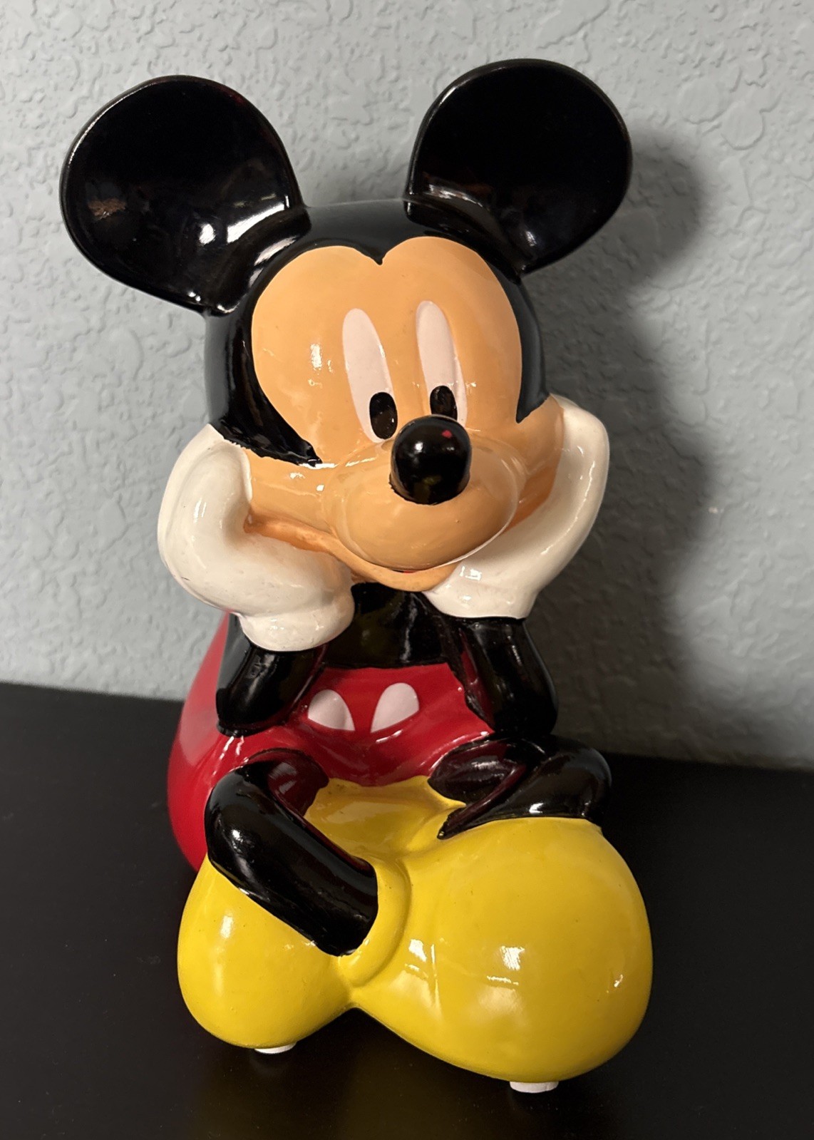 Disney Mickey Mouse Ceramic Piggy Bank 7.5” Hands on Face Sittin Disney Mickey Mouse Ceramic Piggy Bank 7.5” Hands on Face Sittin