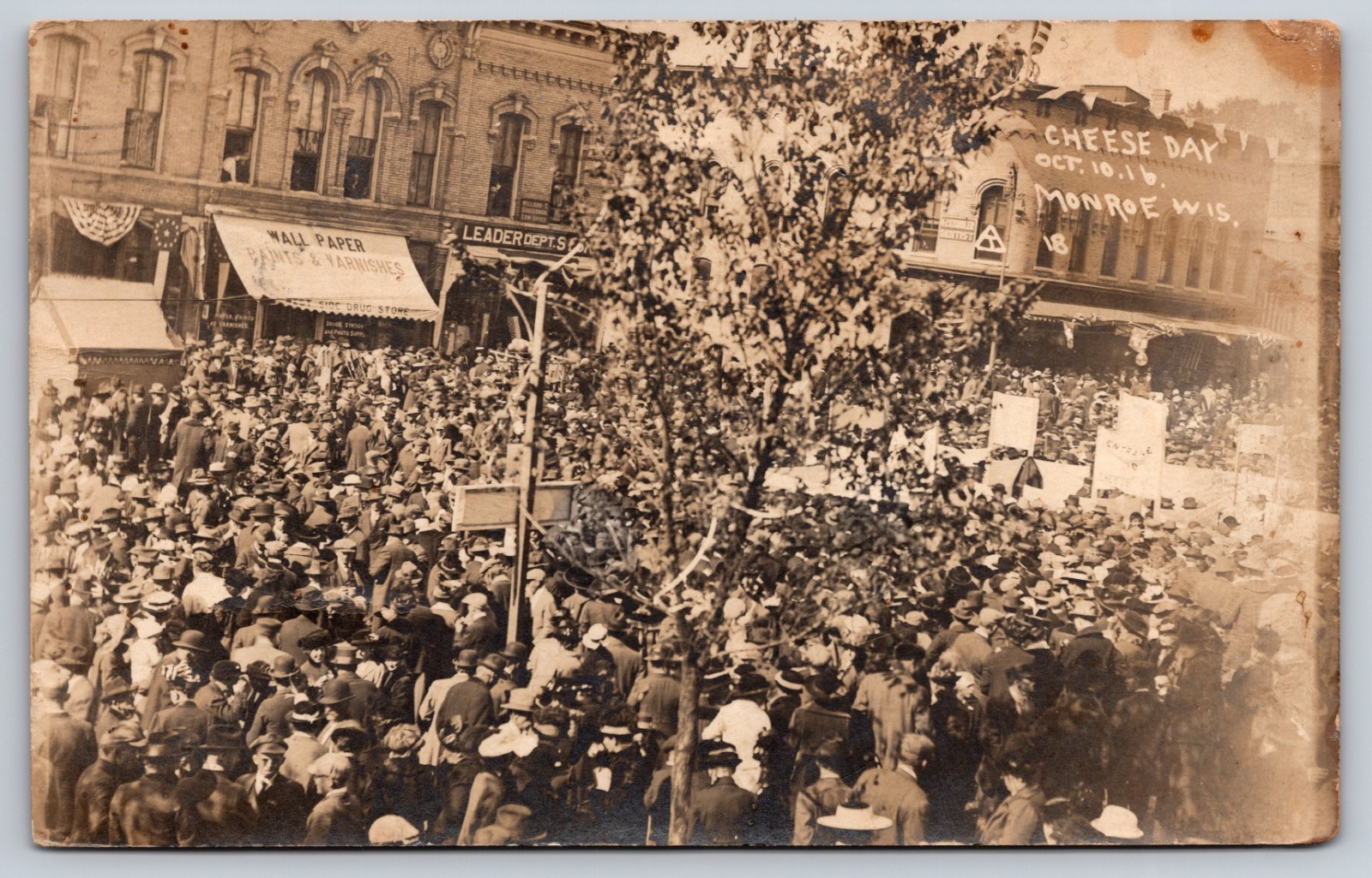 Huge Crowd at Cheese Day Festival October 10 1916 Main St. Monroe Wisconsin RPPC