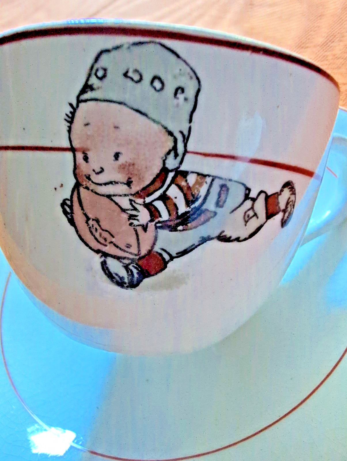 Vintage 1928 Crown Potteries Boy Football Player Child Cup Saucer Set Red Trim🏈
