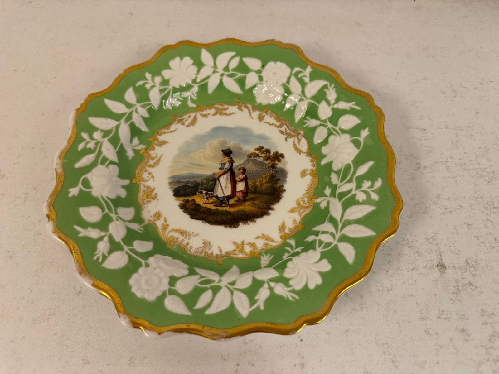 Antique Likely English Porcelain Plate w/ Painted Woman Child & Dog Scene