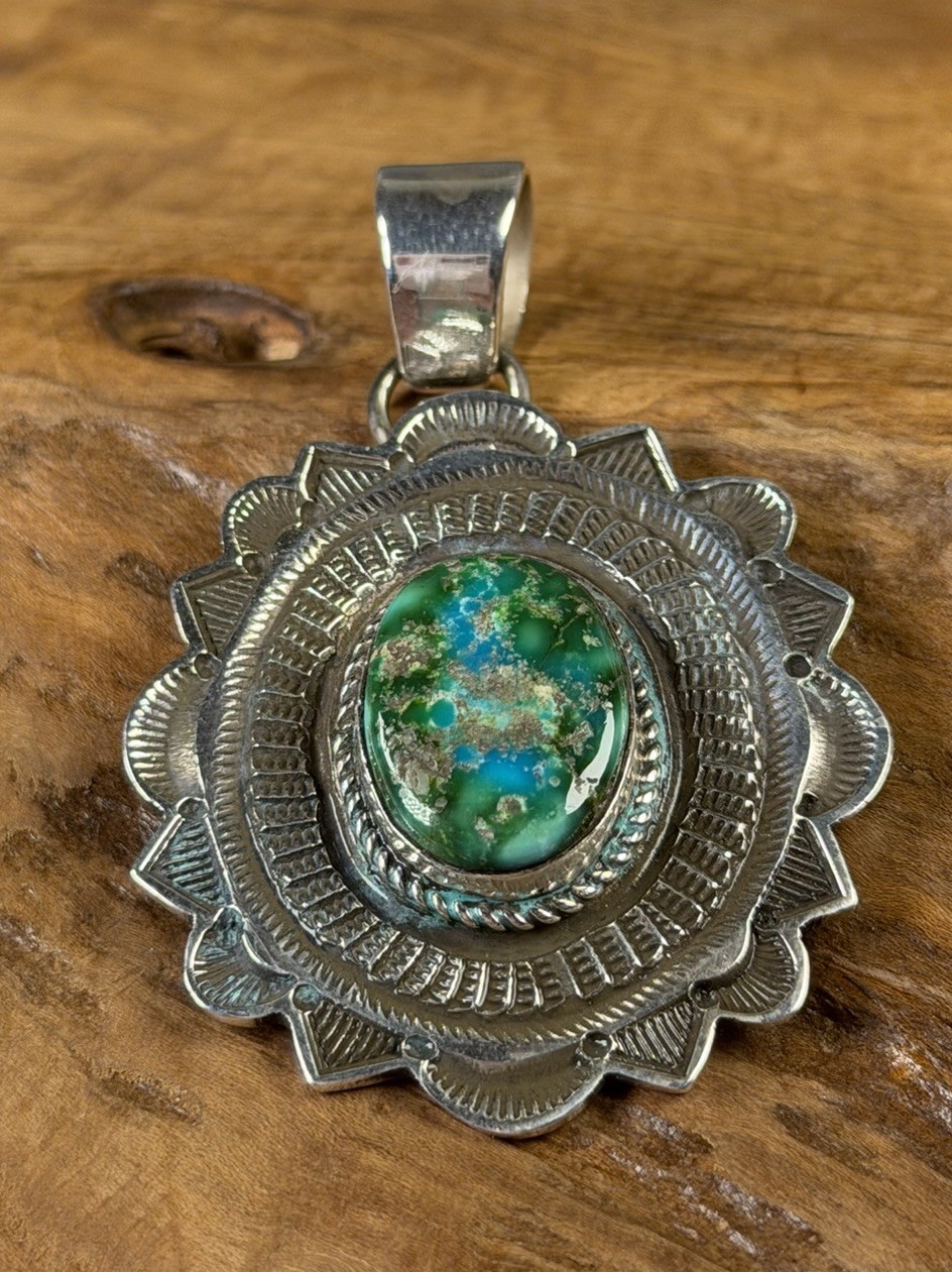 Maloney Native American Sterling Silver Stamped Turquoise Pendant