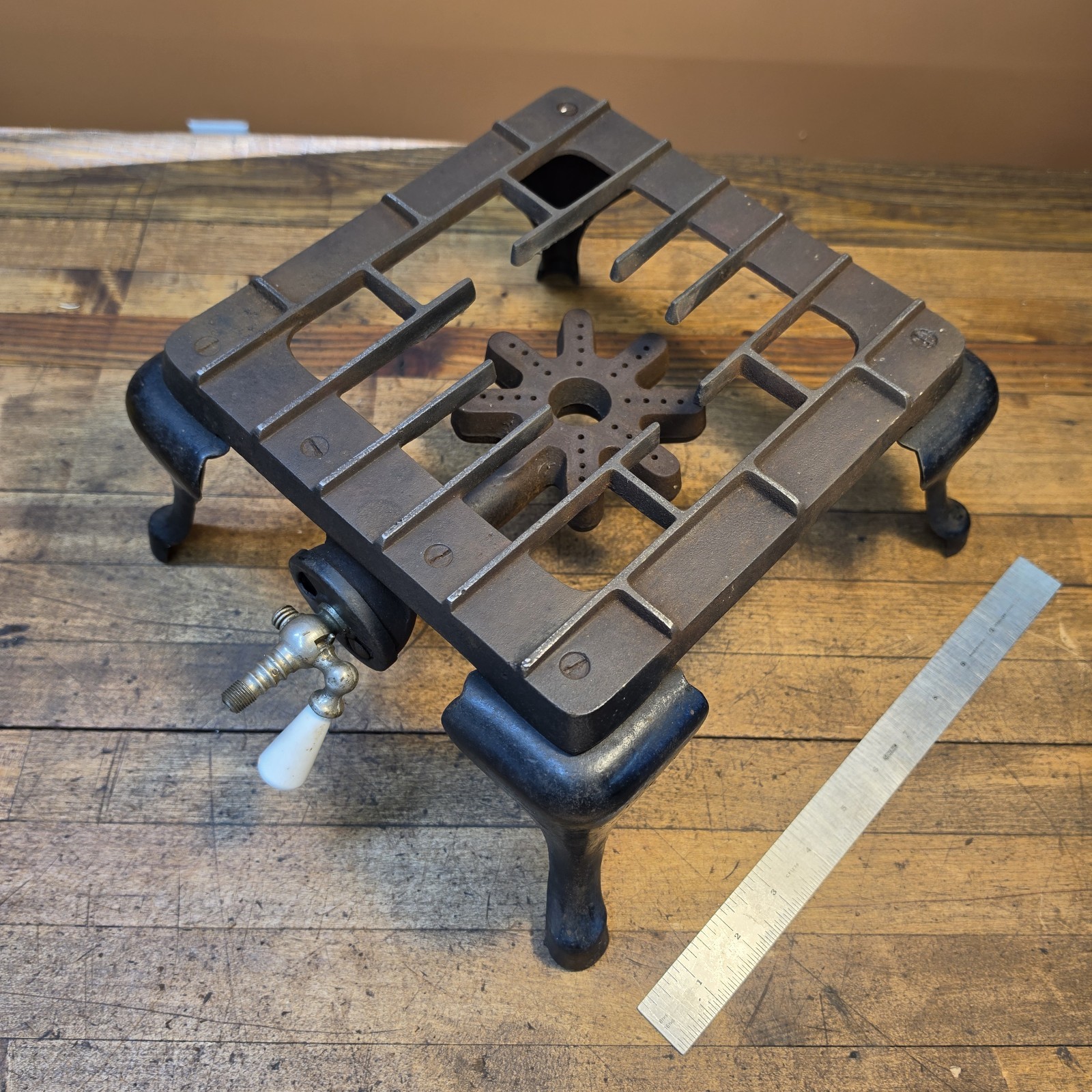 Antique Cast Iron Gas Burner Stove & Plate • Rare 1910s CALORIC #4 11x11x7 ☆USA