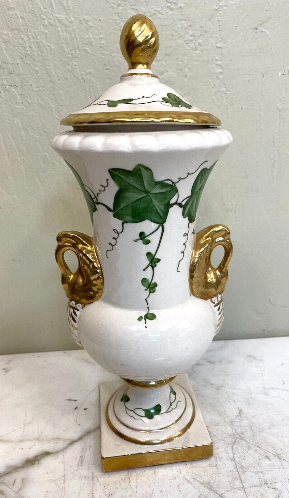 Vintage Porcelain, 24k Gold Leaf Vase with Ivy Design and Removable Lid
