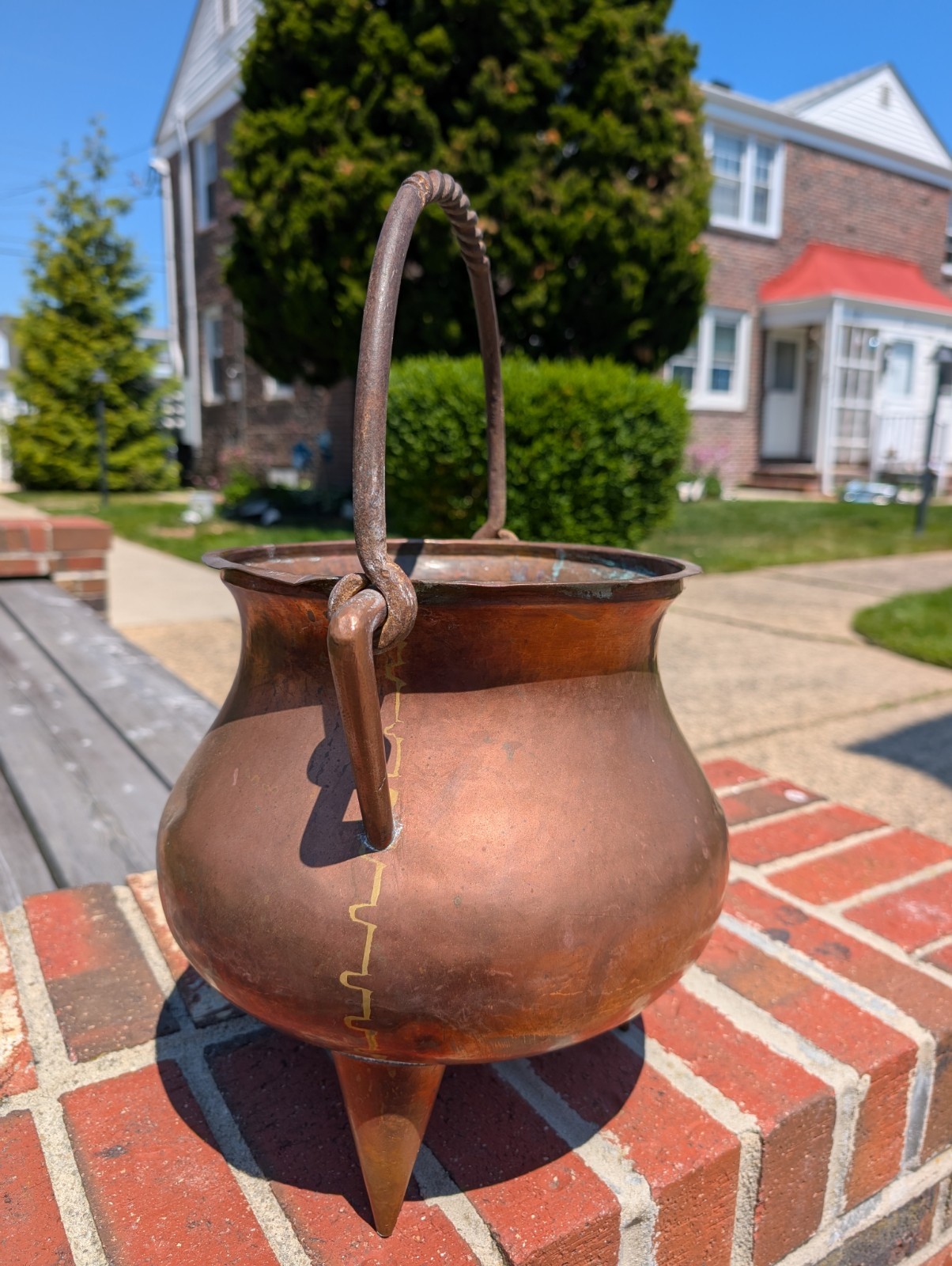 Antique Copper And Wrought Iron Caldron Form Bucket Pot bk