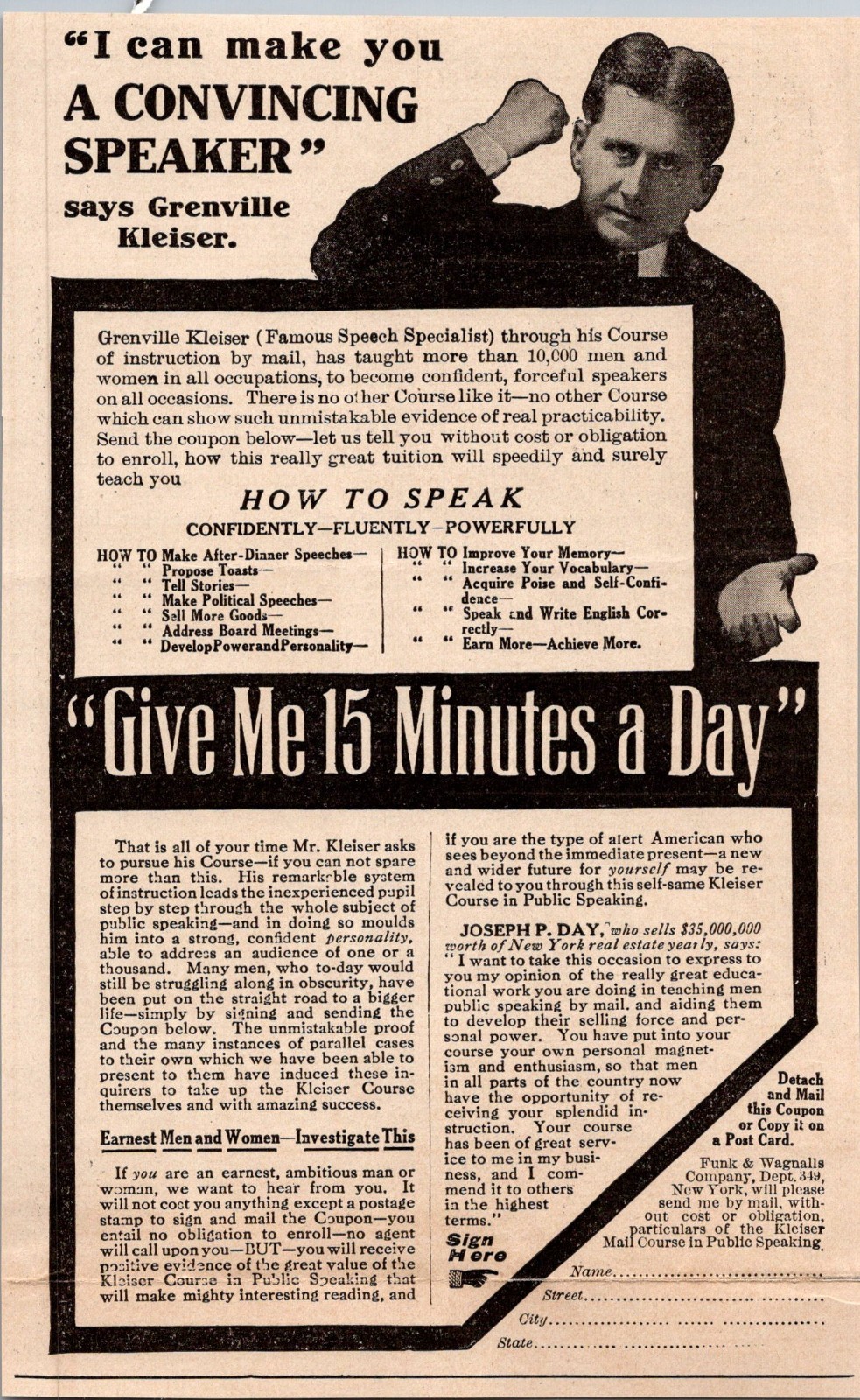 Funk & Wagnalls Co Speech Lessons Grenville Kleiser 1910s NY 1915 Ad 5AK9-3 Funk & Wagnalls Co Speech Lessons Grenville Kleiser 1910s NY 1915 Ad 5AK9-3