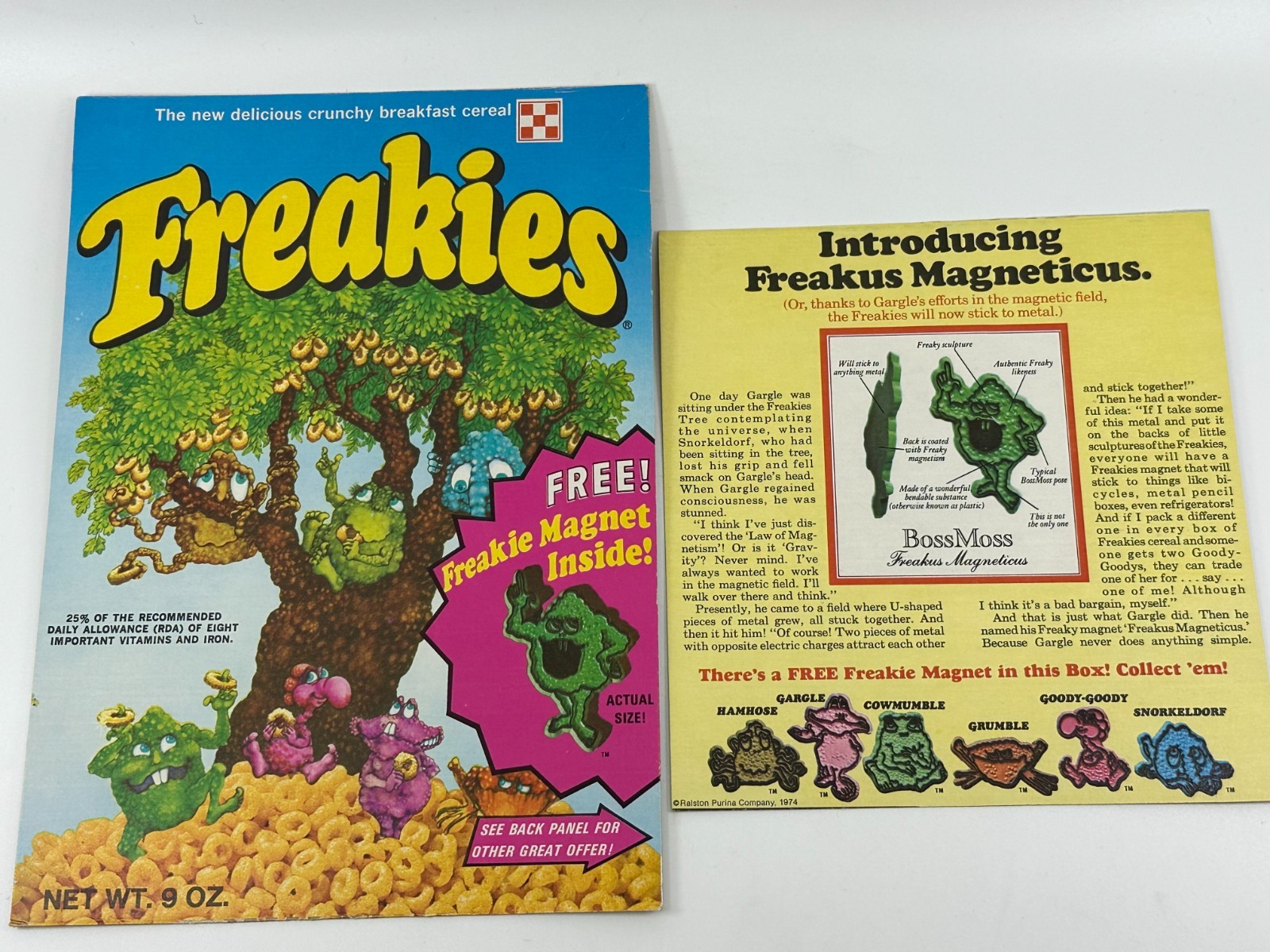 Original 1970s RALSTON FREAKIES Cereal Box Front/Back Panel Free Freakie Magnet