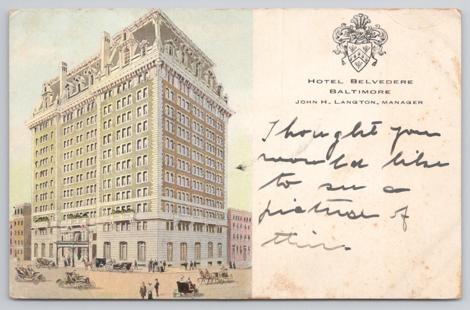 Hotel Belvedere Baltimore MD Private Mailing Card c1900 Horse Carriages