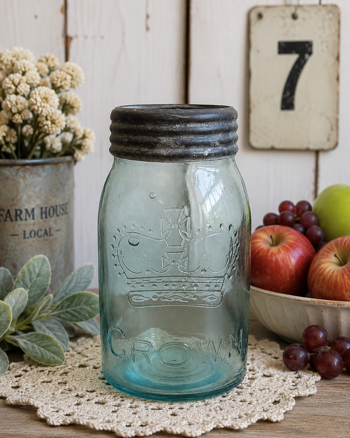 Vintage Aqua Glass Crown Refrigerator Jar Glass Lid Metal Band Farmhouse Cottage