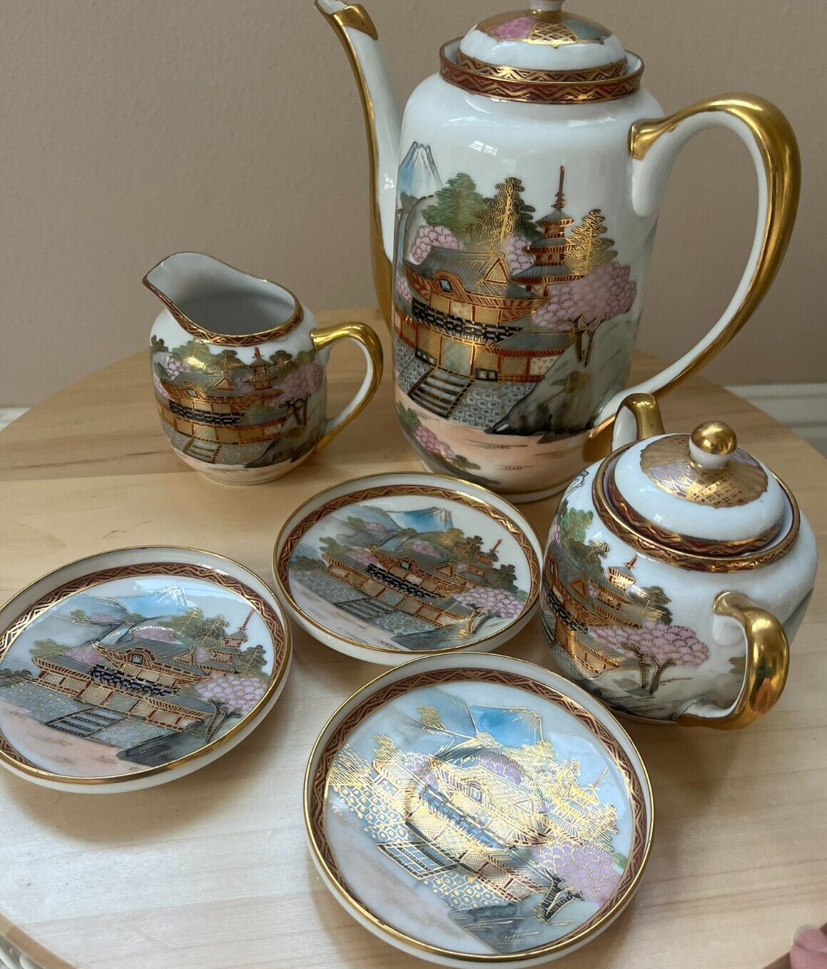 Vtg Geisha Lithophane Japan Porcelain 6-piece Tea Set Pagoda &Mtn Fuji Gold Trim