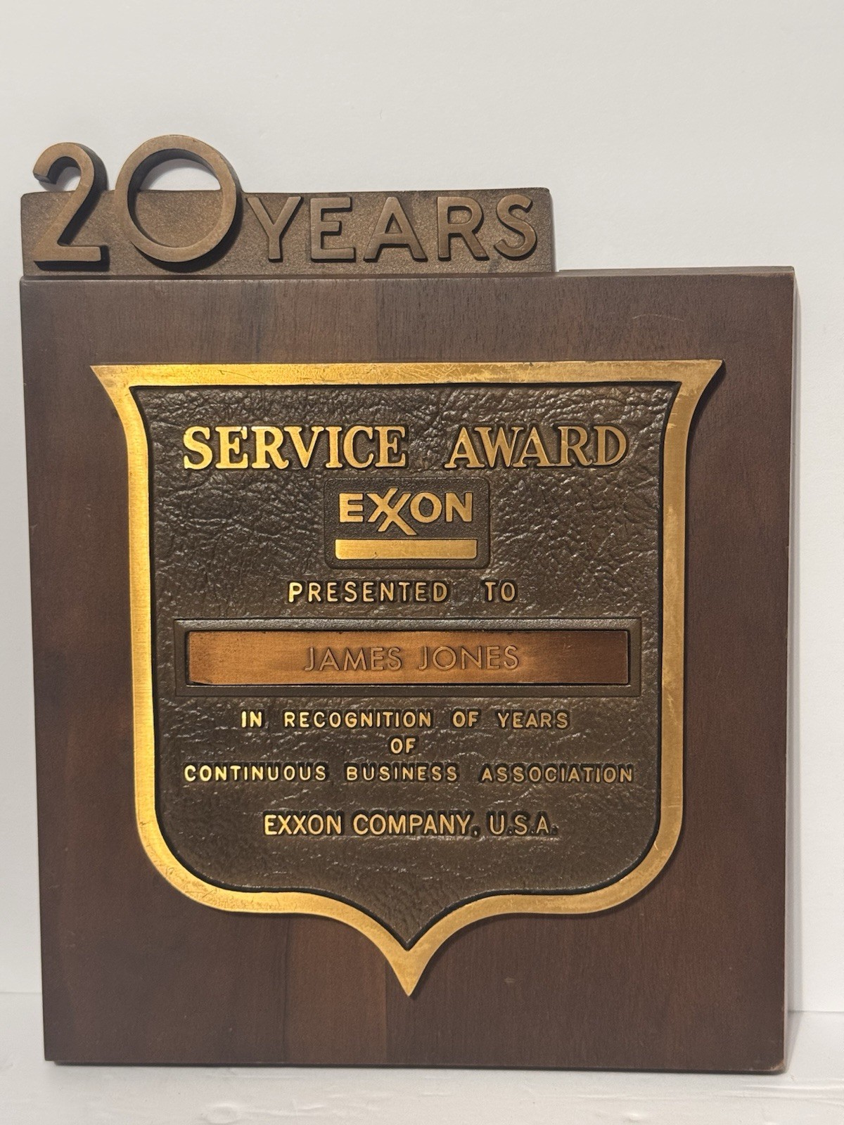 Vintage Original EXXON Gas Oil Company 20 Years Service Award Brass Plaque Sign