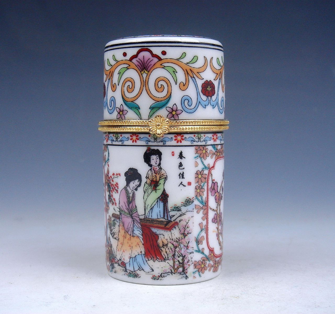 Famille-Rose Palace Lady Spring Painted Porcelain Toothpick Holder #110913B3